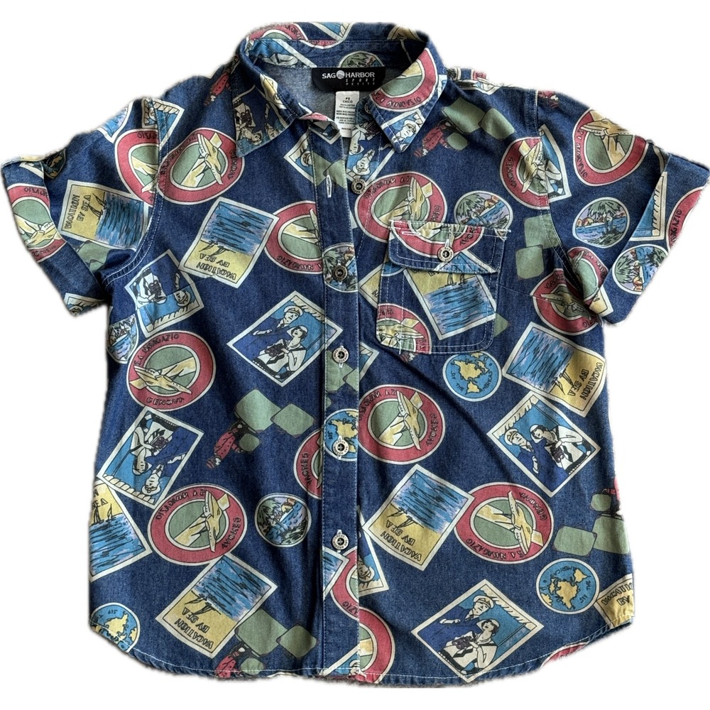 Sag Harbor Sport Petite Vintage Travel Postcard Print Denim Shirt RARE FIND